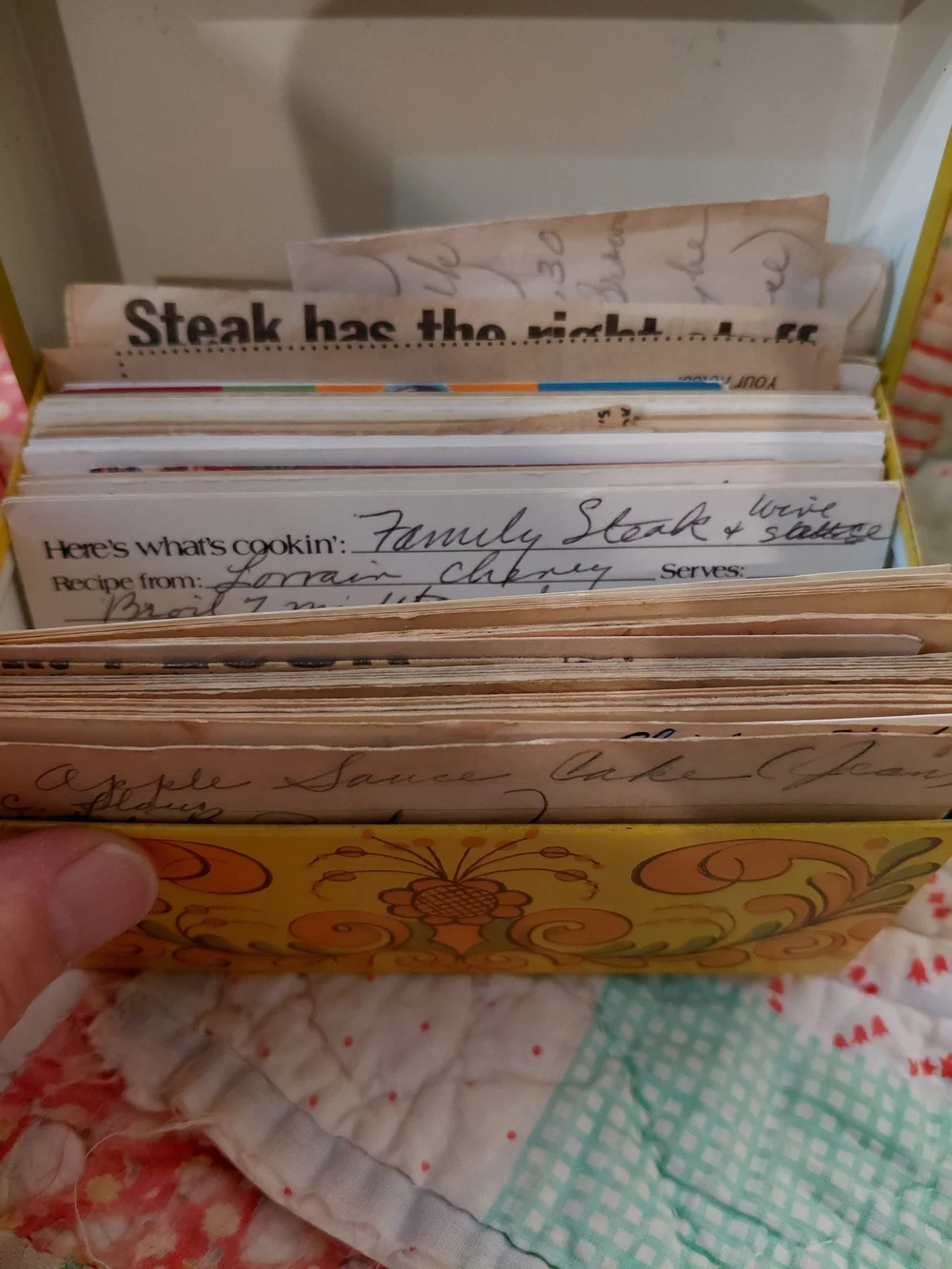 Vintage Yellow Decorative Recipe Box - Recipes Included.